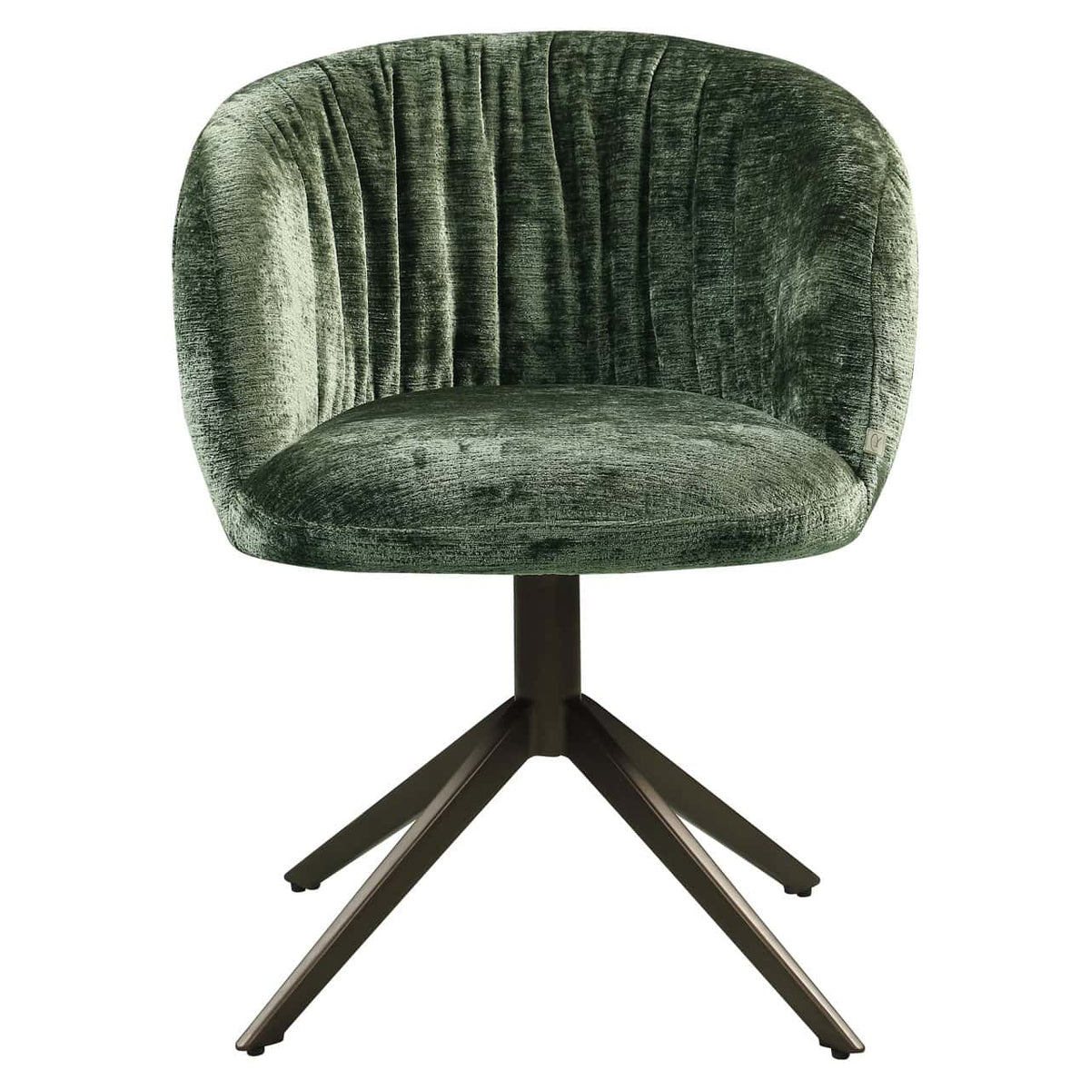 Groene velvet eetkamerstoel met draaibare basis en comfortabele rugleuning.