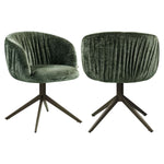 Moderne groene eetkamerstoel met chenille bekleding en draaibaar onderstel.