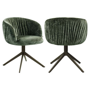 Moderne groene eetkamerstoel met chenille bekleding en draaibaar onderstel.