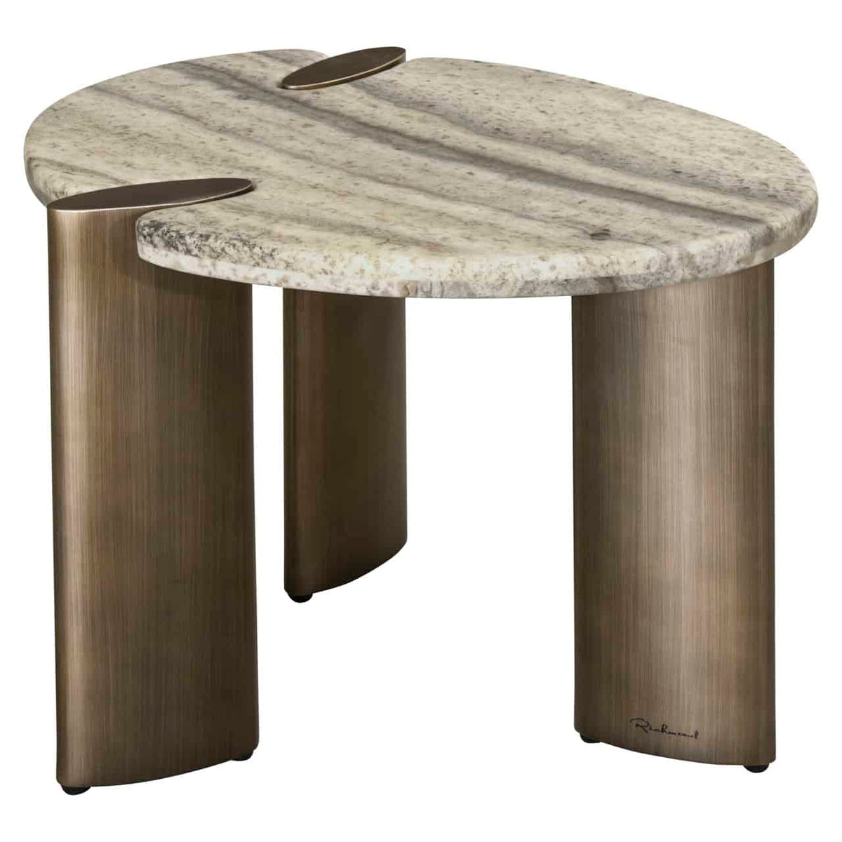 Moderne bijzettafel met marmeren blad en metalen poten.