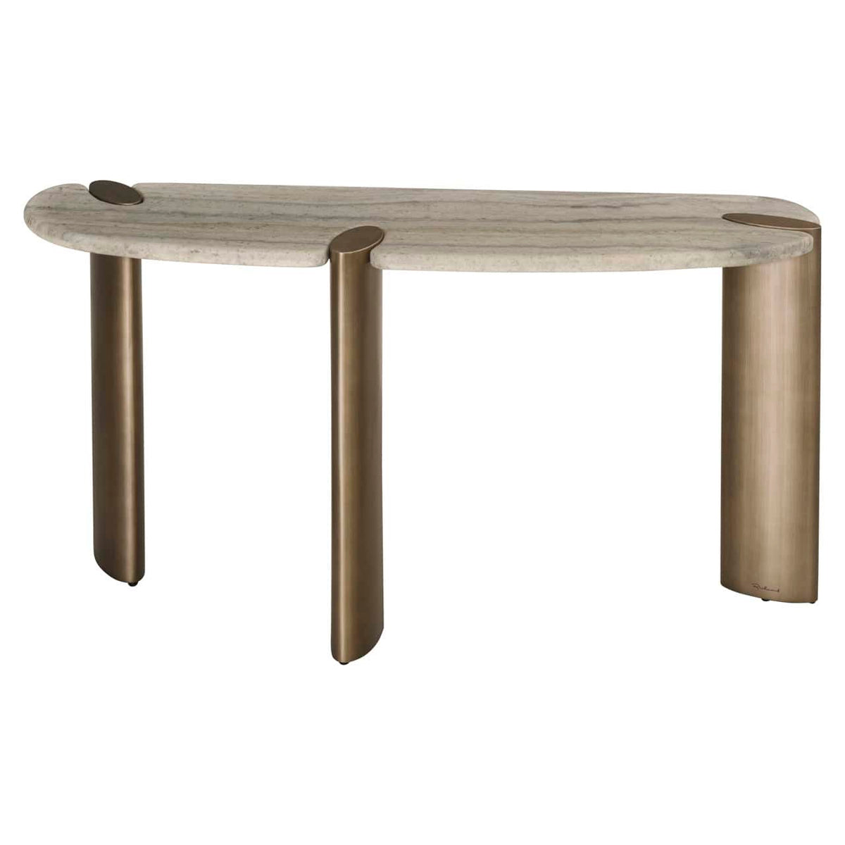 Moderne console tafel in grijs en goudkleurige poten.