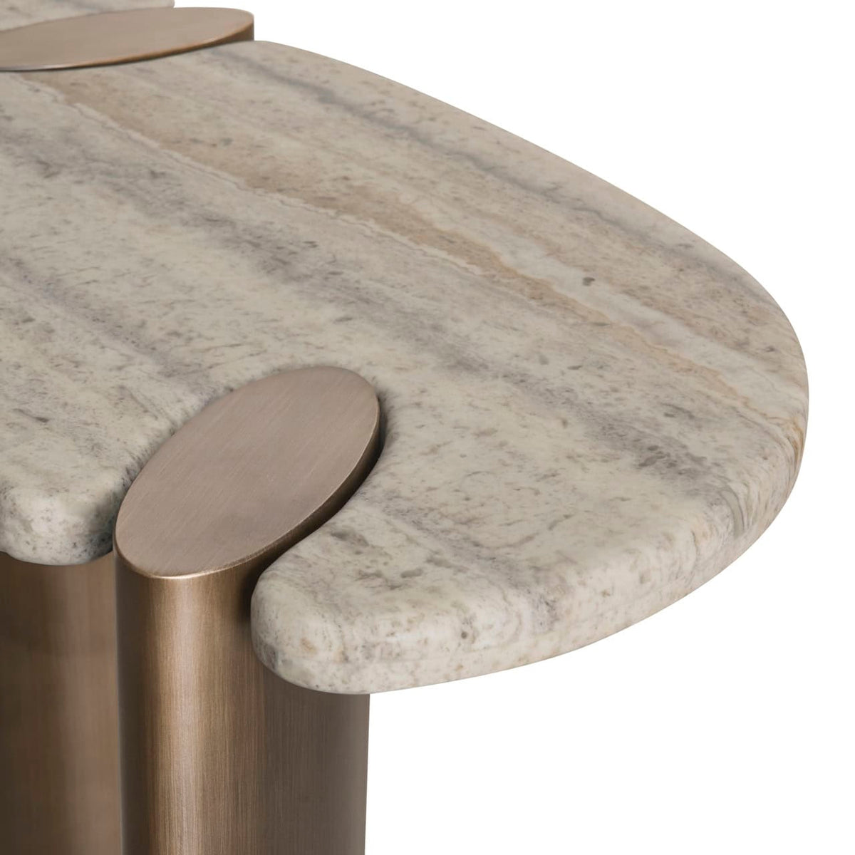 Moderne grijze tafel met metalen poot en marmeren blad.